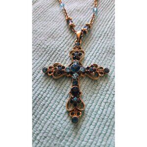 Vintage Copper Cross Necklace With Blue Rhinestones & Beaded Chain Marked AVON N